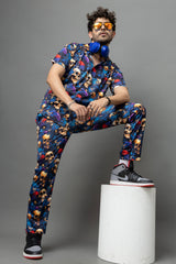 Skull with Rose Printed Blue Shirt With Pant Co-Ord Set For Men