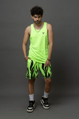 Go Devil Neon Green Flame Printed Sleeveless Vest & Shorts Set for Men