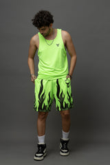 Go Devil Neon Green Flame Printed Sleeveless Vest & Shorts Set for Men