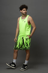 Go Devil Neon Green Flame Printed Sleeveless Vest & Shorts Set for Men