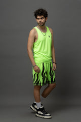 Go Devil Neon Green Flame Printed Sleeveless Vest & Shorts Set for Men