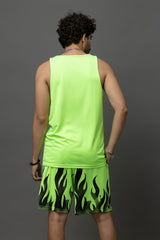 Go Devil Neon Green Flame Printed Sleeveless Vest & Shorts Set for Men
