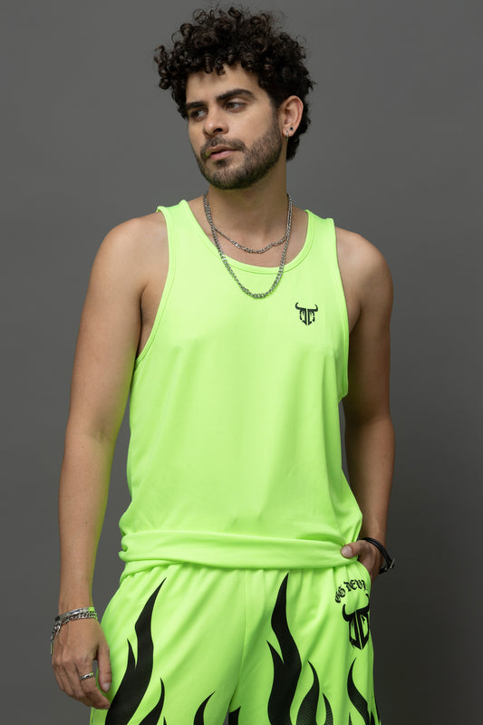 Go Devil Neon Green Flame Printed Sleeveless Vest & Shorts Set for Men