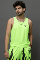 Go Devil Neon Green Flame Printed Sleeveless Vest & Shorts Set for Men