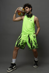 Go Devil Neon Green Flame Printed Sleeveless Vest & Shorts Set for Men