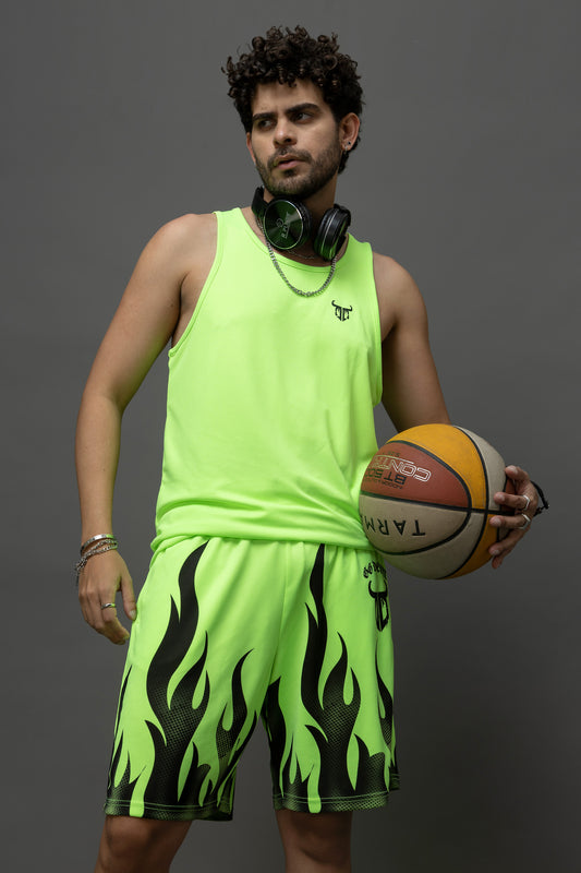 Go Devil Neon Green Flame Printed Sleeveless Vest & Shorts Set for Men