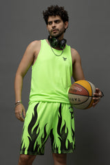 Go Devil Neon Green Flame Printed Sleeveless Vest & Shorts Set for Men