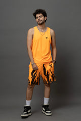 Go Devil Orange Flame Printed Sleeveless Vest & Shorts Set for Men