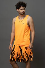 Go Devil Orange Flame Printed Sleeveless Vest & Shorts Set for Men