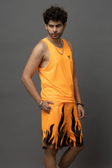 Go Devil Orange Flame Printed Sleeveless Vest & Shorts Set for Men