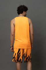 Go Devil Orange Flame Printed Sleeveless Vest & Shorts Set for Men