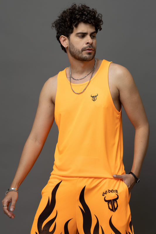 Go Devil Orange Flame Printed Sleeveless Vest & Shorts Set for Men