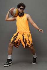 Go Devil Orange Flame Printed Sleeveless Vest & Shorts Set for Men
