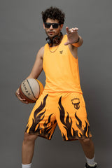 Go Devil Orange Flame Printed Sleeveless Vest & Shorts Set for Men