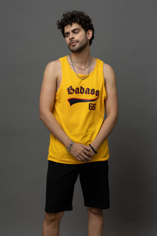 Go Devil Badass 66 Printed Yellow Sleeveless Vest For Men