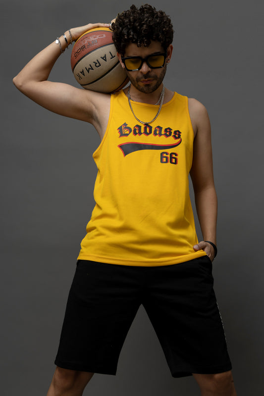 Go Devil Badass 66 Printed Yellow Sleeveless Vest For Men