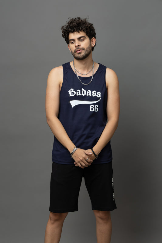 Go Devil Badass 66 Printed Nevy Blue Sleeveless Vest For Men