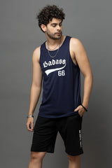 Go Devil Badass 66 Printed Nevy Blue Sleeveless Vest For Men