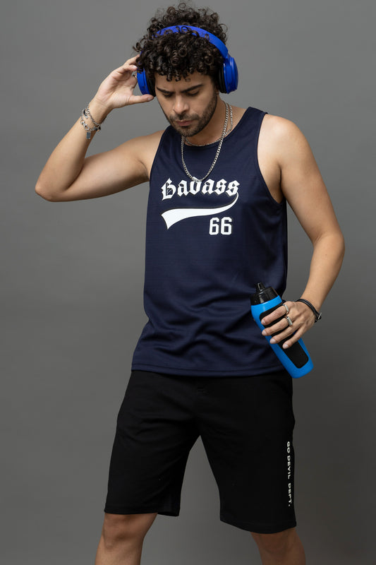 Go Devil Badass 66 Printed Nevy Blue Sleeveless Vest For Men