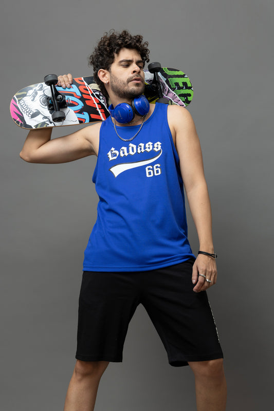 Go Devil Badass 66 Printed Blue Sleeveless Vest For Men