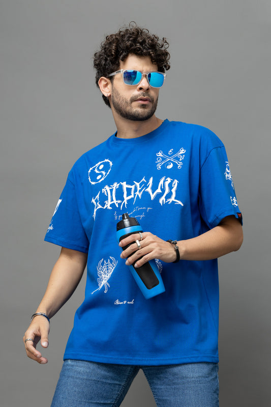 Go Devil Blue Graphic Printed Oversized T-Shirt for Men