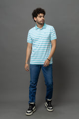 Go Devil Blue & White Striped Polo T-Shirt for Men