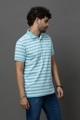 Go Devil Blue & White Striped Polo T-Shirt for Men