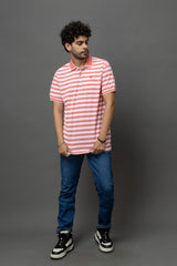 Go Devil Peach & White Striped Polo T-Shirt for Men
