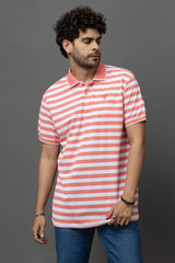 Go Devil Peach & White Striped Polo T-Shirt for Men