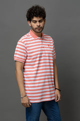 Go Devil Peach & White Striped Polo T-Shirt for Men
