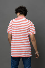 Go Devil Peach & White Striped Polo T-Shirt for Men