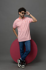 Go Devil Peach & White Striped Polo T-Shirt for Men