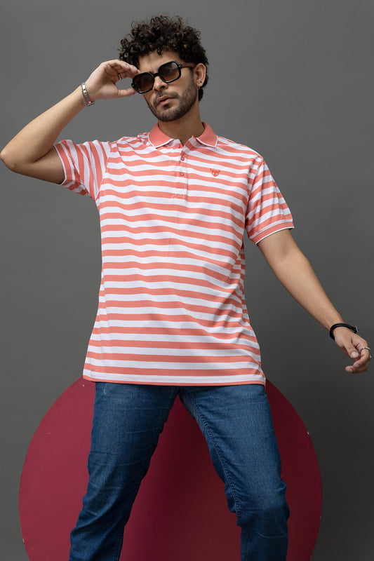 Go Devil Peach & White Striped Polo T-Shirt for Men