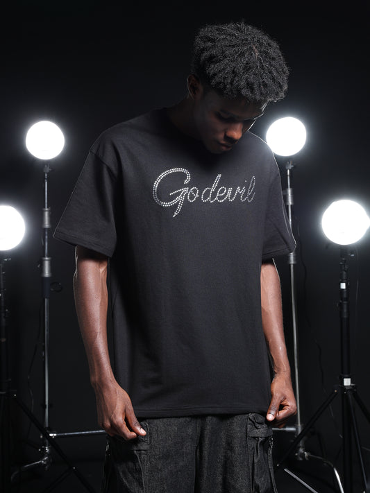 Go Devil Rhine Stone Printed Mens Black Oversized T-Shirt