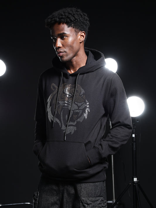 Go Devil Mens Black Rhine Stone Lion Graphic Hoodie
