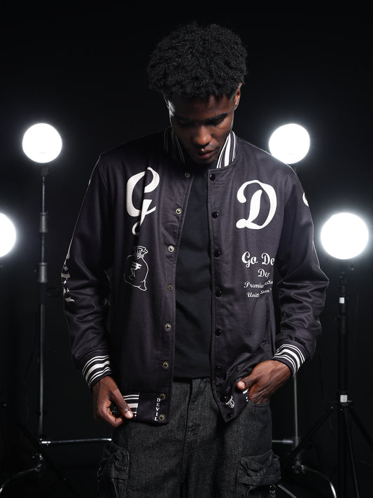 Go Devil Printed Black Varsity Jacket For Mens