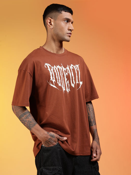 Go Devil Printed (In White) Rust Brown Oversized T-Shirt For Men