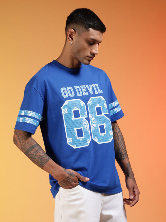 Go Devil 66 Printed Blue Oversized T-Shirt For Men