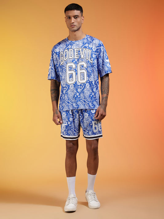 Go Devil 66 Printed Paisley White & Blue Co-ord Set for Men