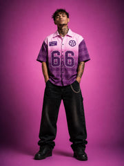 Go Devil Purple Dept. 66 Graphic Checked Zip Oversized Half Sleeve Shirt For Men