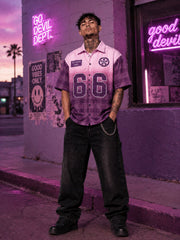 Go Devil Purple Dept. 66 Graphic Checked Zip Oversized Half Sleeve Shirt For Men