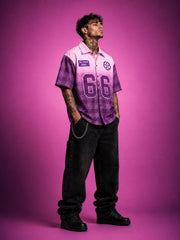 Go Devil Purple Dept. 66 Graphic Checked Zip Oversized Half Sleeve Shirt For Men