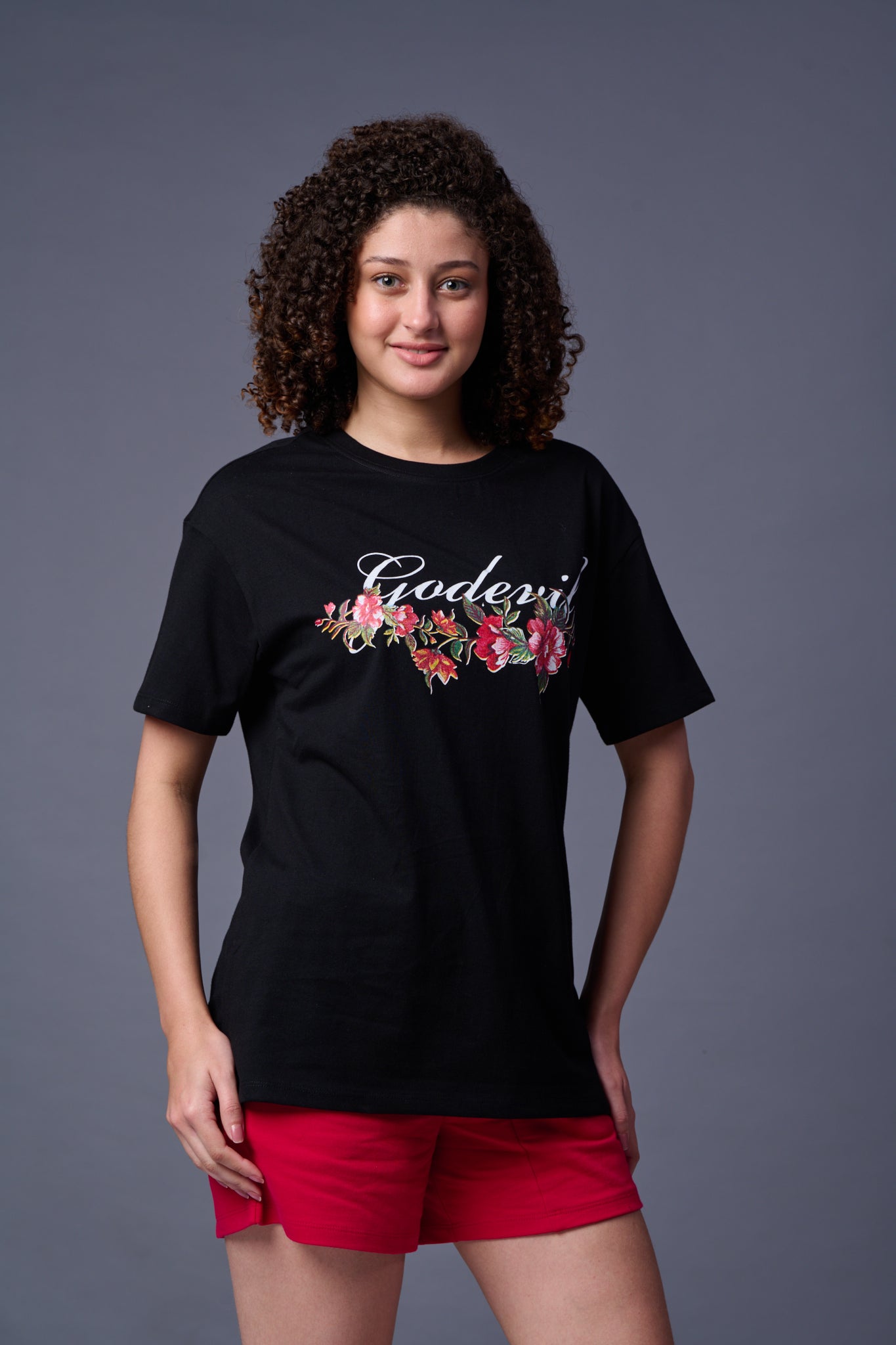 Flower Printed Black Oversized T-Shirt for Women by Go Devil