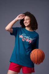 Go devil With Flower Printed Royal Blue Oversized T-Shirt for Women