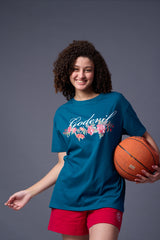 Go devil With Flower Printed Royal Blue Oversized T-Shirt for Women