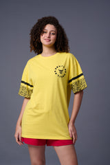 Go devil 66 Back Paisley Printed Lemon Yellow Oversized T-Shirt for Women