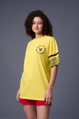 Go devil 66 Back Paisley Printed Lemon Yellow Oversized T-Shirt for Women