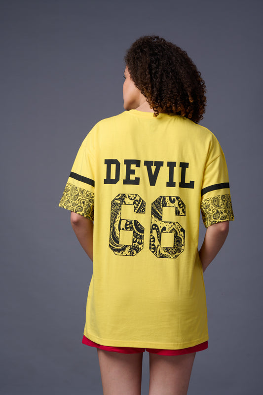 Go devil 66 Back Paisley Printed Lemon Yellow Oversized T-Shirt for Women
