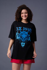 Tiger in Blue Printed Black Oversized T-Shirt for Women