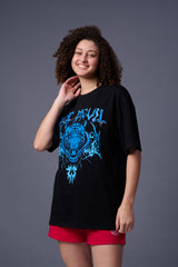 Tiger in Blue Printed Black Oversized T-Shirt for Women